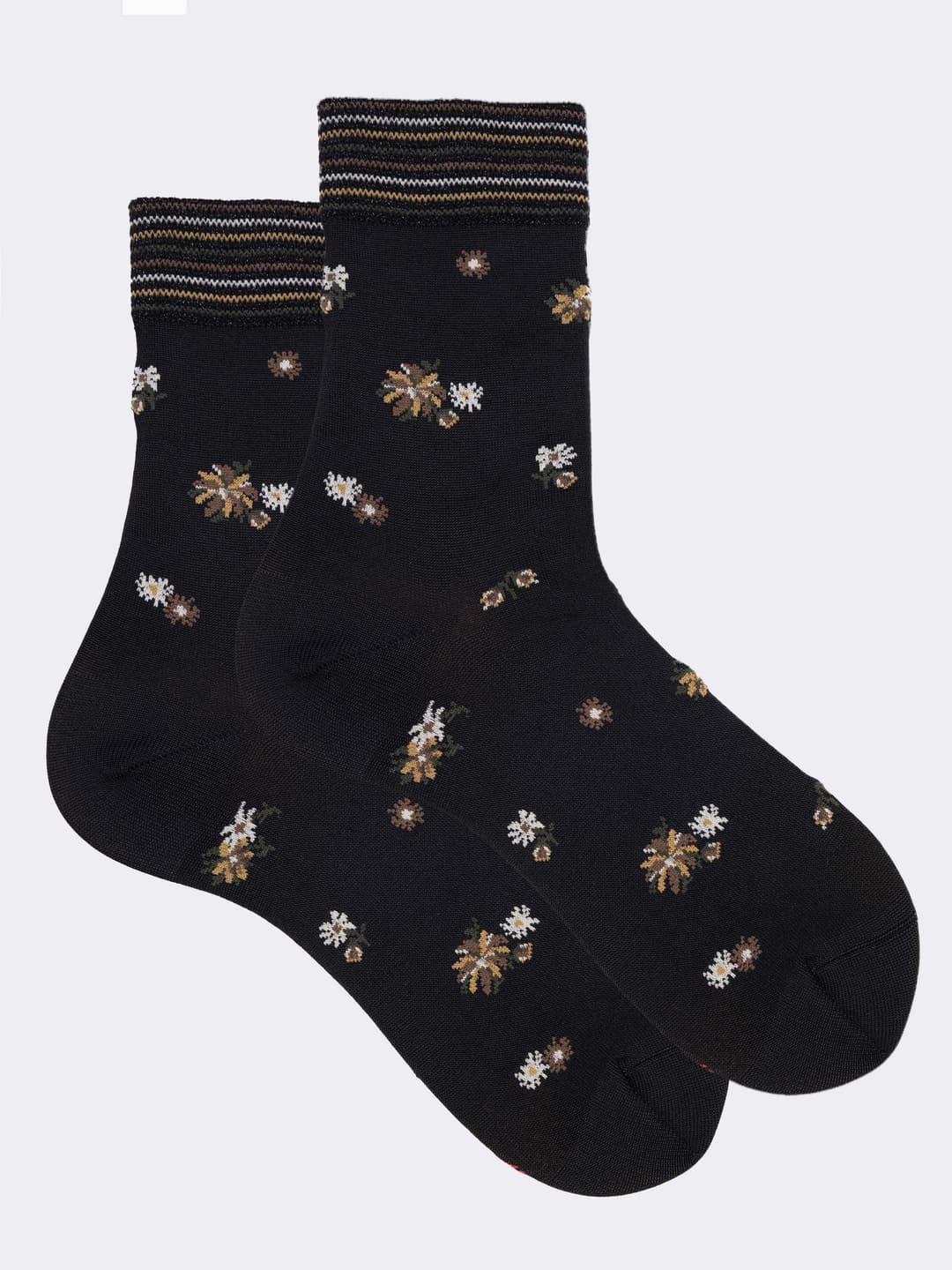 Women's short floral patterned socks with striped cuff - Made in Italy