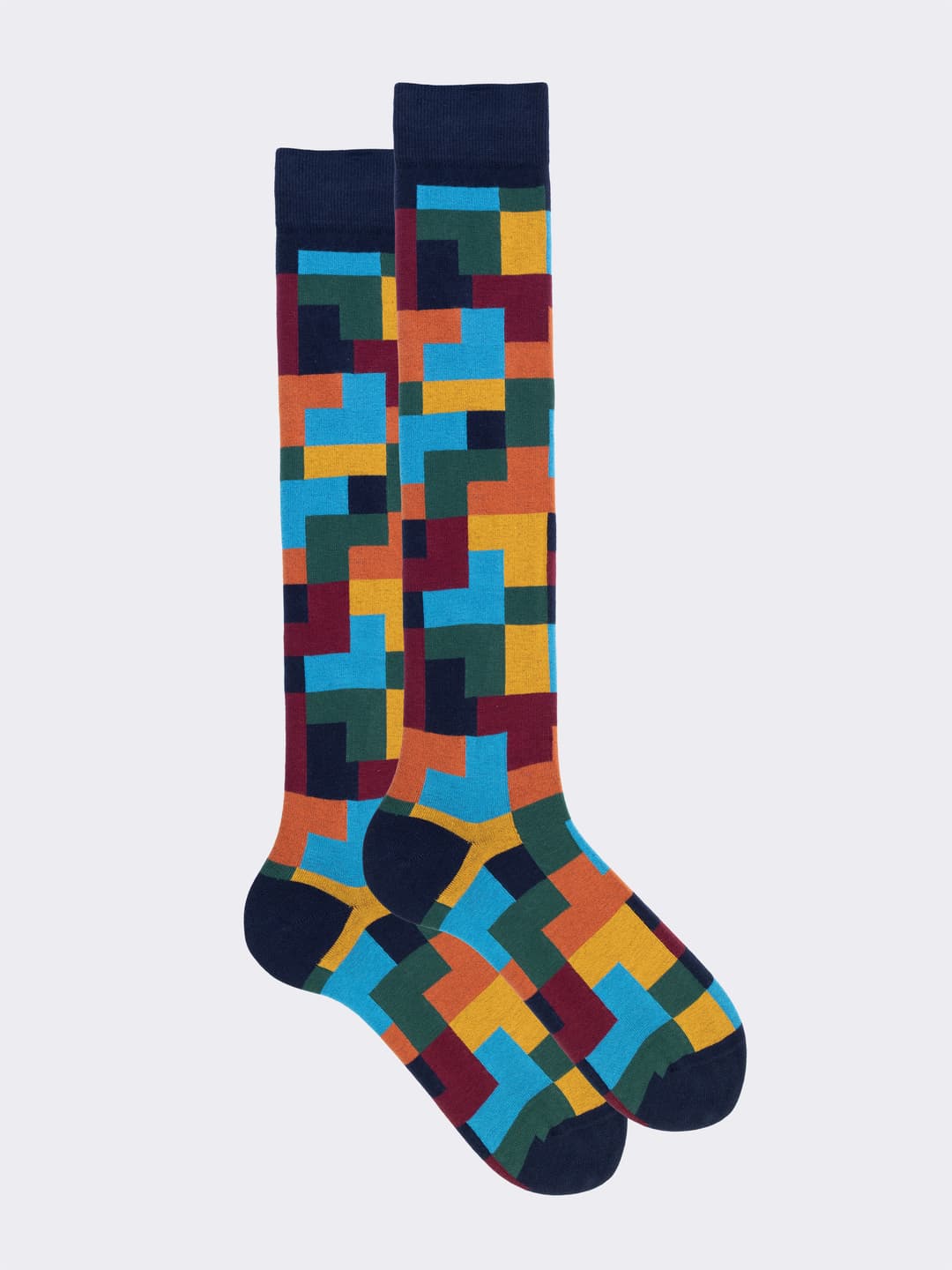 Men's Long Color Block Pattern Socks in Warm Cotton - Made in Italy